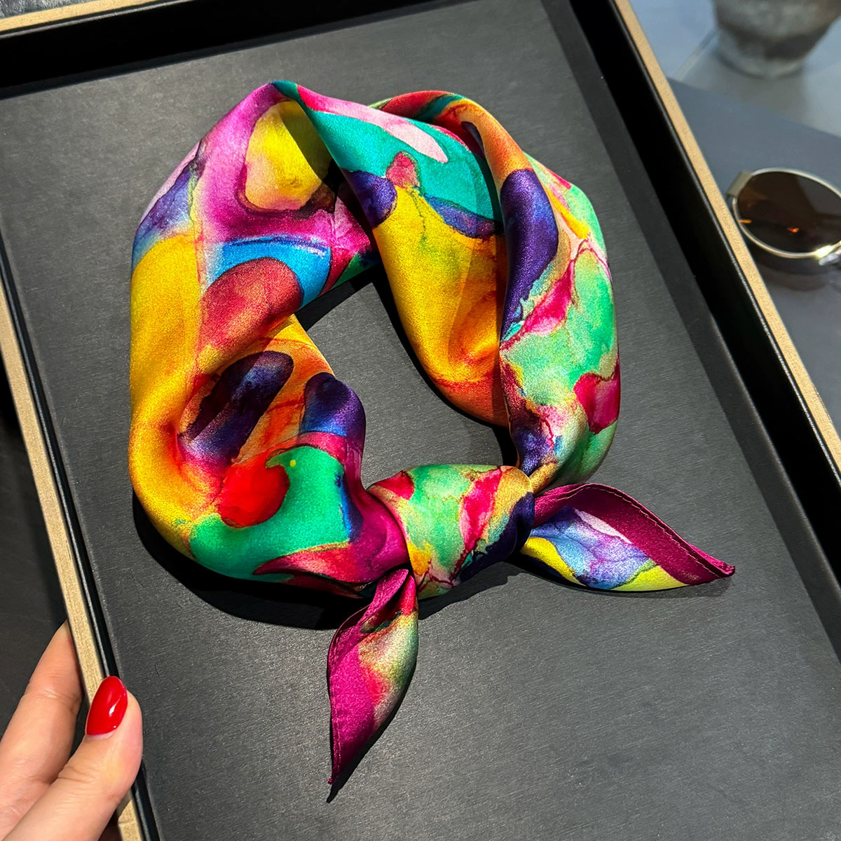 100% Pure Silk Square Scarf Women Dot Print Neckerchief Bandana