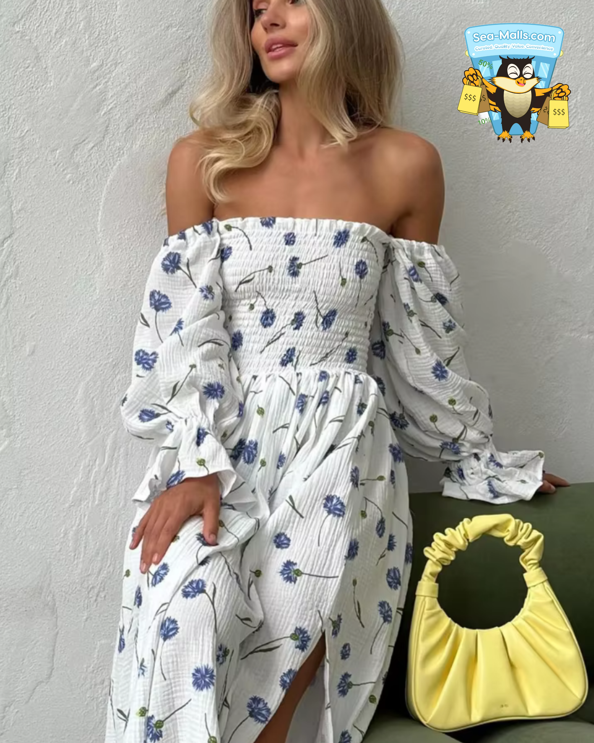 AP-Women’s Summer Cotton Dress Elegant Ruffle Midi Floral Print with Side Slits