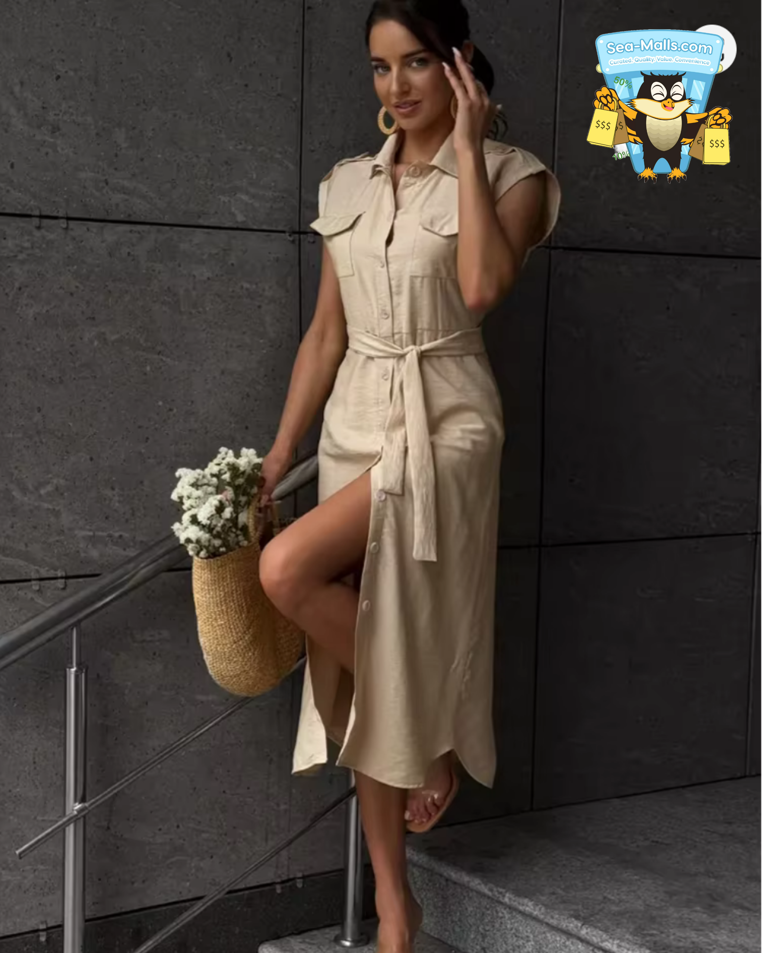 AP-Vintage Turn-Down Collar Midi Dress with Sash