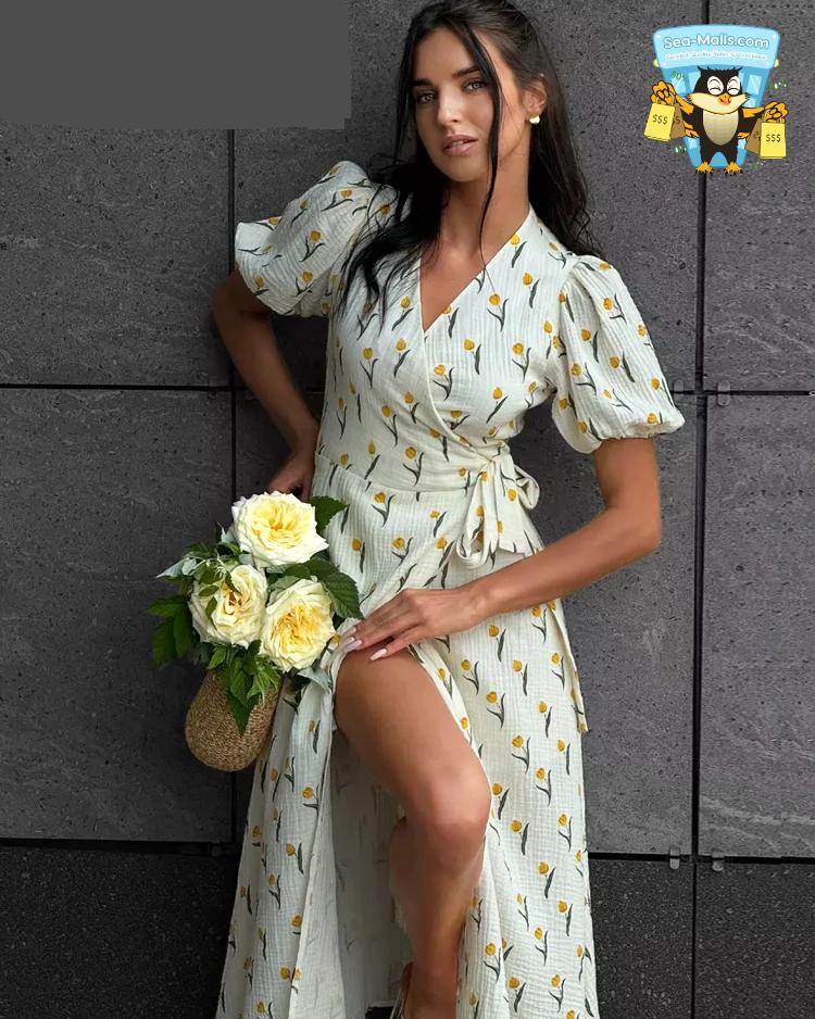 AP-Cotton Floral A-Line Midi Dress V-Neck Puff Sleeve Summer