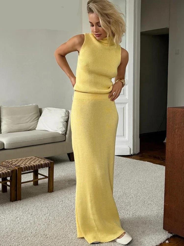 AP-Elegant Yellow Knitted Two-Piece Set Sleeveless Top & Long Skirt