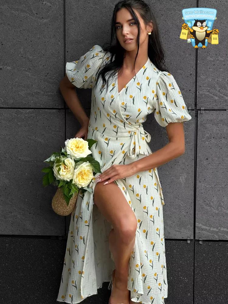 AP-Floral Cotton Wrap Midi Dress Puff Sleeve A-Line Style with Side Slit