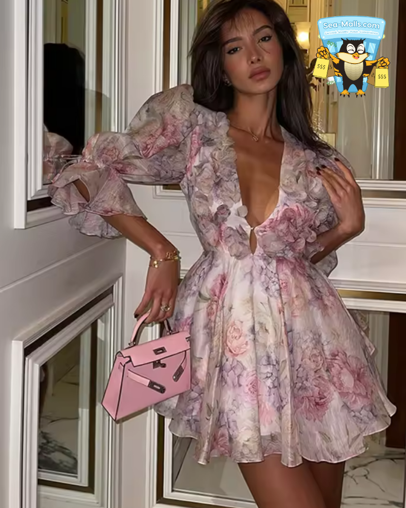 AP-Tie-Dye 3D Flower Mini Dress with Deep V Neck and Flare Sleeves