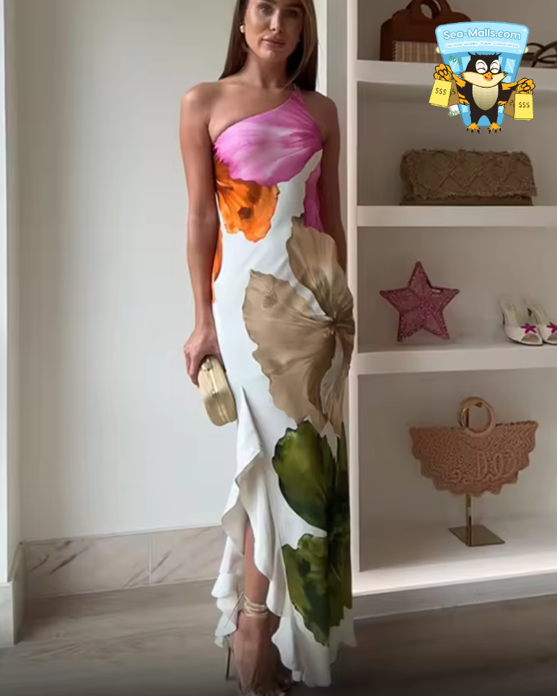 AP-Printed Off Shoulder Cocktail Maxi Dress with Asymmetrical Neckline