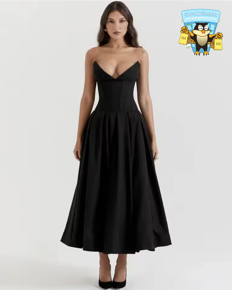 AP-Black Strapless Corset Midi Dress for Weddings and Parties