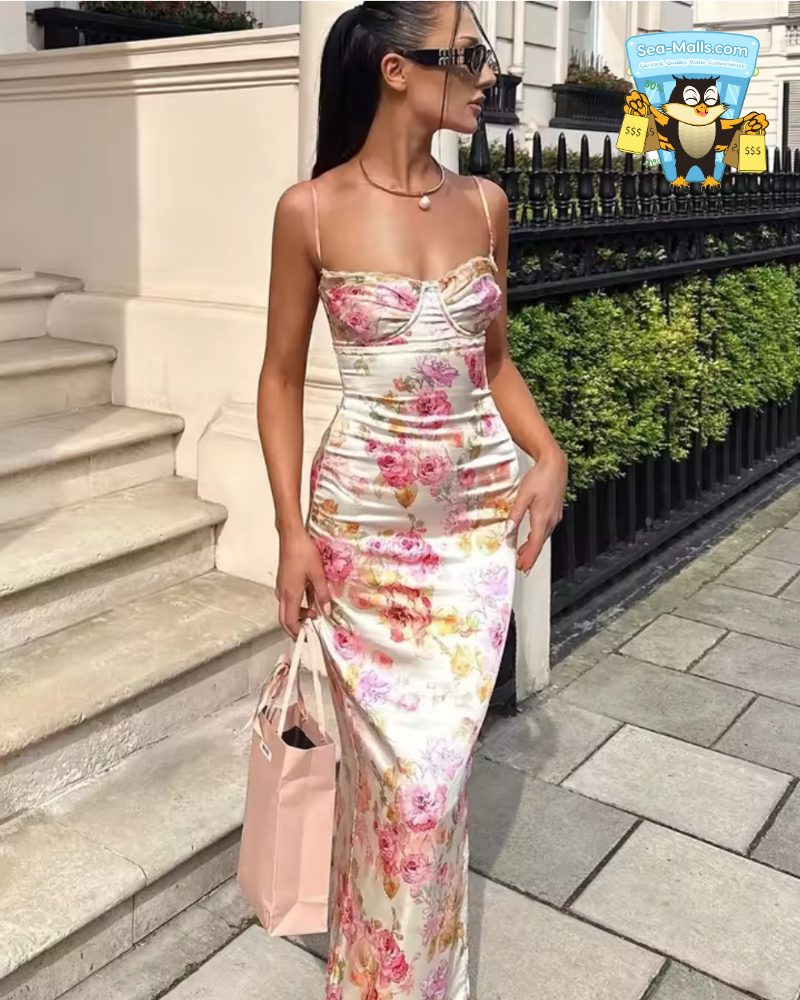 AP-Summer Spaghetti Strap Floral Maxi Dress Elegant Bodycon Style