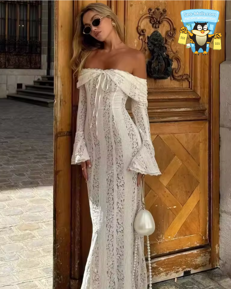 AP-White Off Shoulder Lace Maxi Dress with Long Sleeves