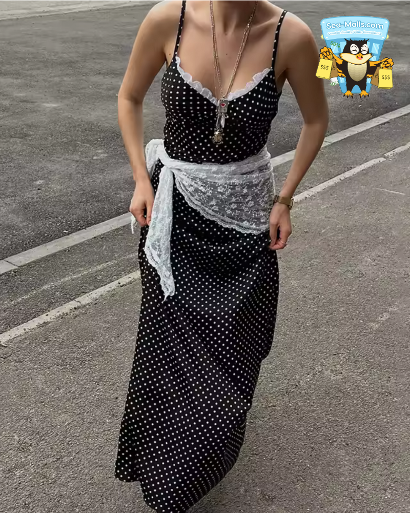 AP-Polka Dot Lace Splice Maxi Dress – Deep V-Neck Spaghetti Strap Slim Style