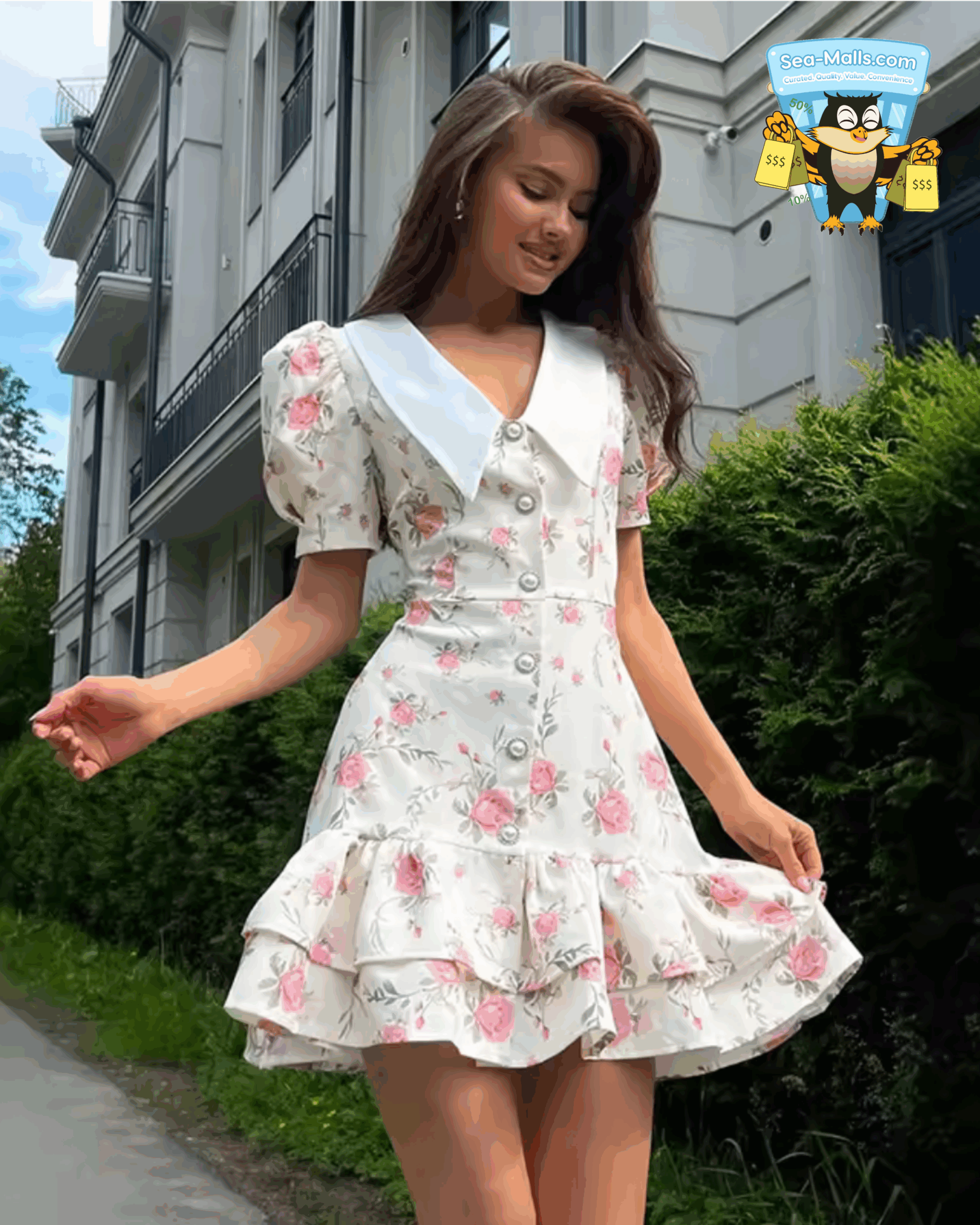 AP-Floral Puff Sleeve Mini Dress V-Neck Ruffled Hem & Pearl Button Detail