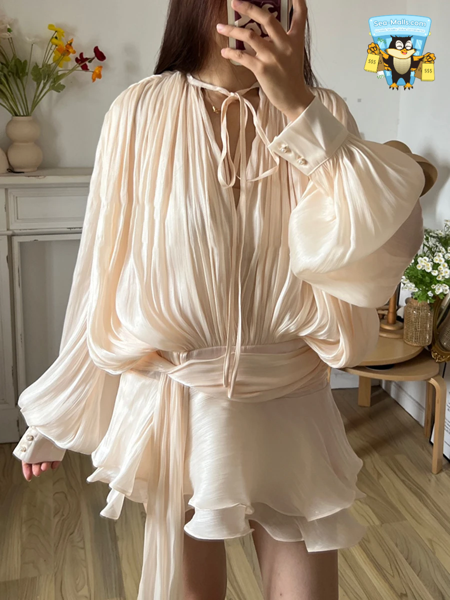 AP-Chic Lace-Up V-Neck Mini Dress with Ruffle Hem & Tie Waist