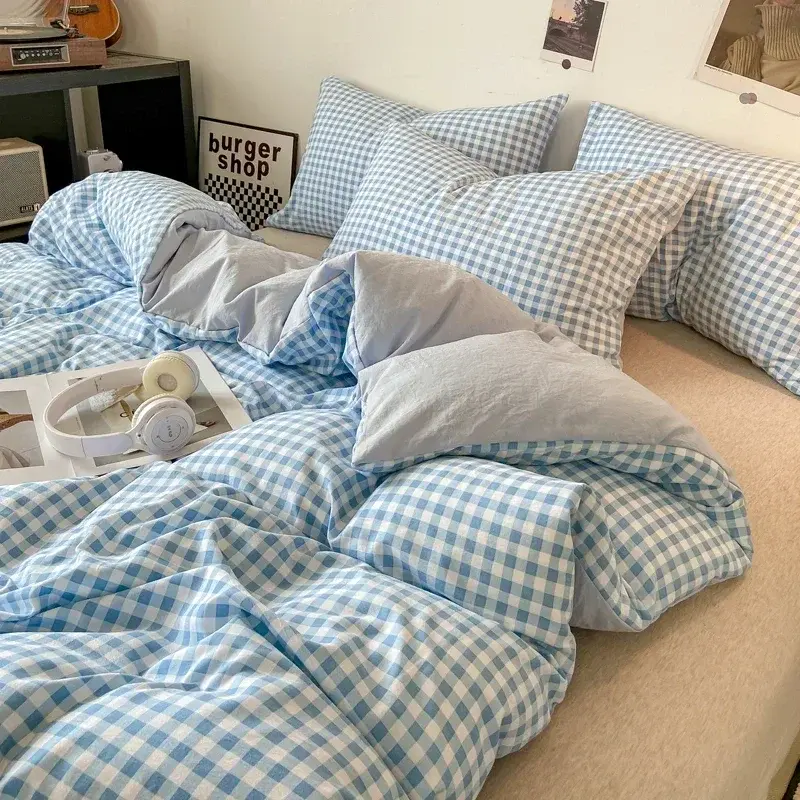 Japanese Style Check Queen Quilt Cover Set 1/3 Pcs Soft Washed Duvet Cover and Pillowcase or Only Duvet Covers Skin-friendly