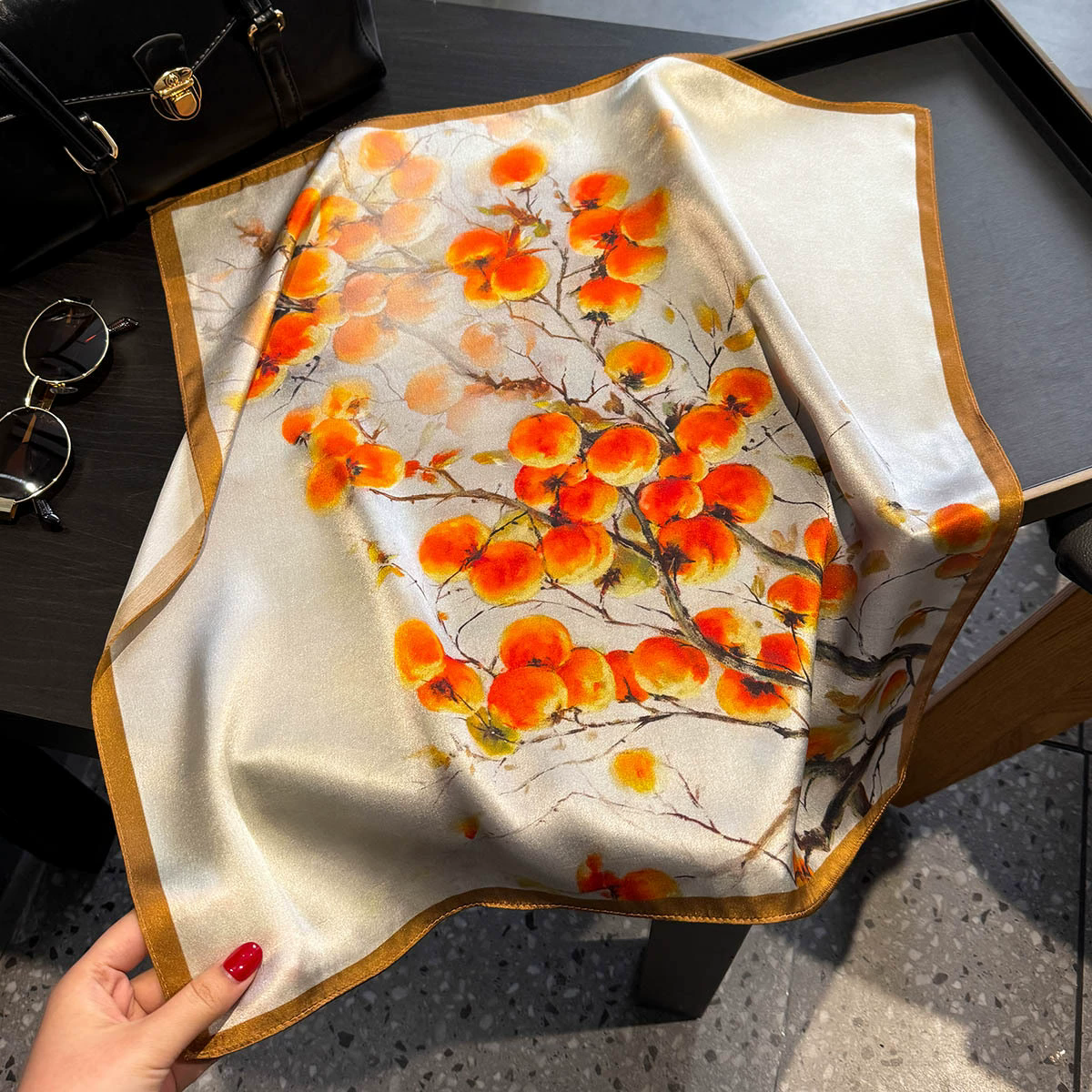 100% Pure Silk Square Scarf Women Dot Print Neckerchief Bandana