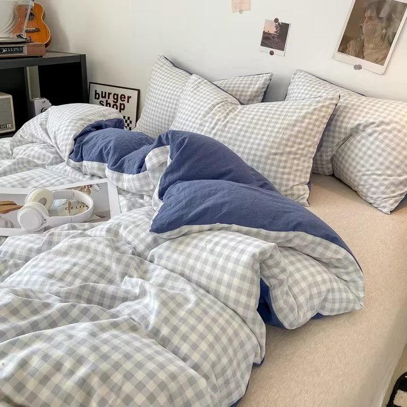 Japanese Style Check Queen Quilt Cover Set 1/3 Pcs Soft Washed Duvet Cover and Pillowcase or Only Duvet Covers Skin-friendly