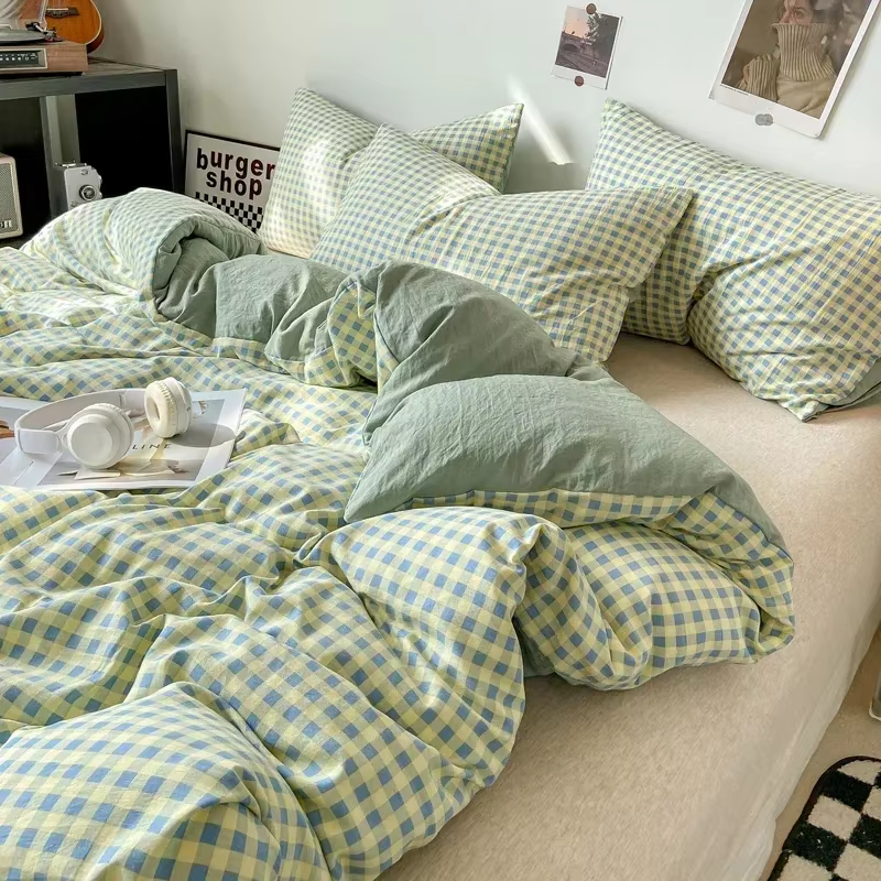 Japanese Style Check Queen Quilt Cover Set 1/3 Pcs Soft Washed Duvet Cover and Pillowcase or Only Duvet Covers Skin-friendly