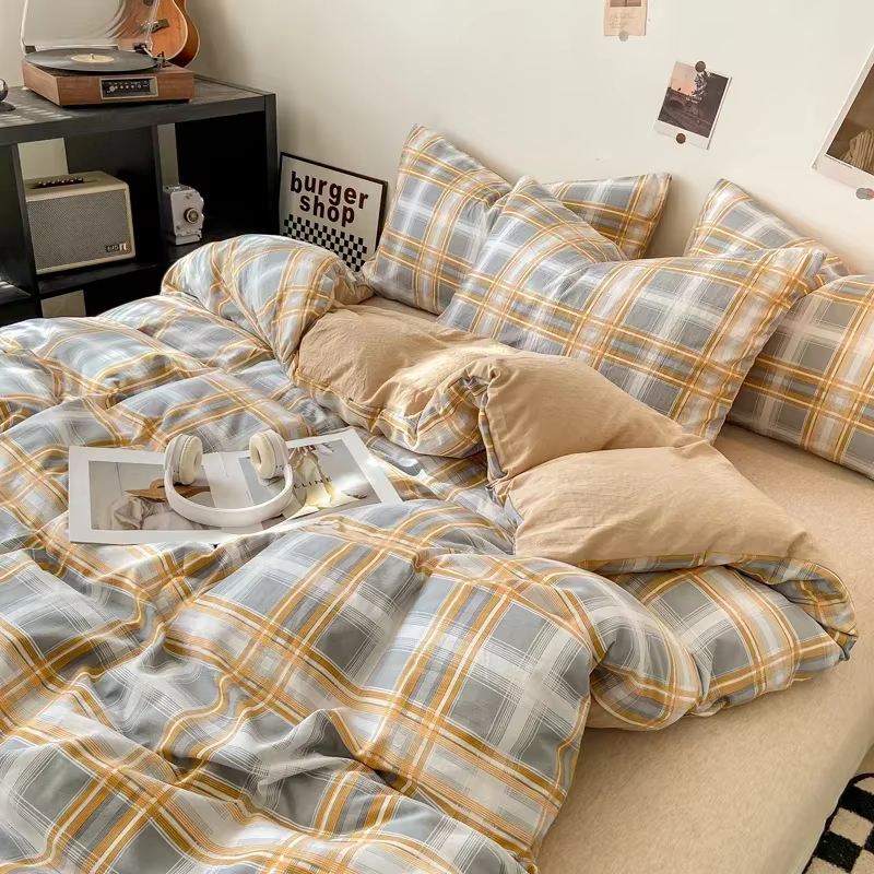 Japanese Style Check Queen Quilt Cover Set 1/3 Pcs Soft Washed Duvet Cover and Pillowcase or Only Duvet Covers Skin-friendly