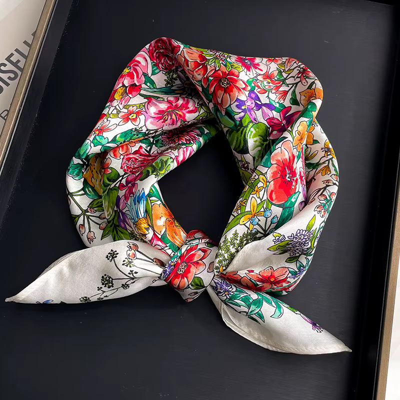 100% Pure Silk Floral Square Scarf Women Neck Hair Bandana