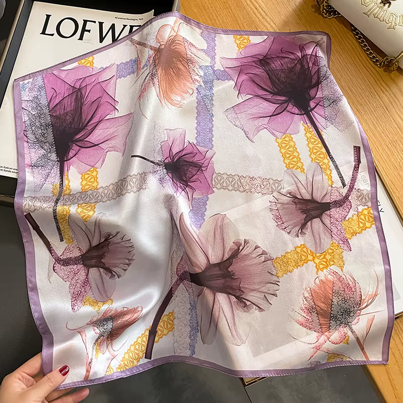 100% Pure Silk Floral Square Scarf Women Neck Hair Bandana
