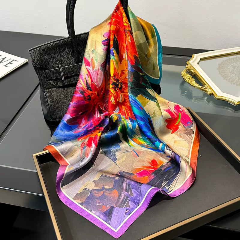 100% Pure Silk Floral Square Scarf Women Neck Hair Bandana
