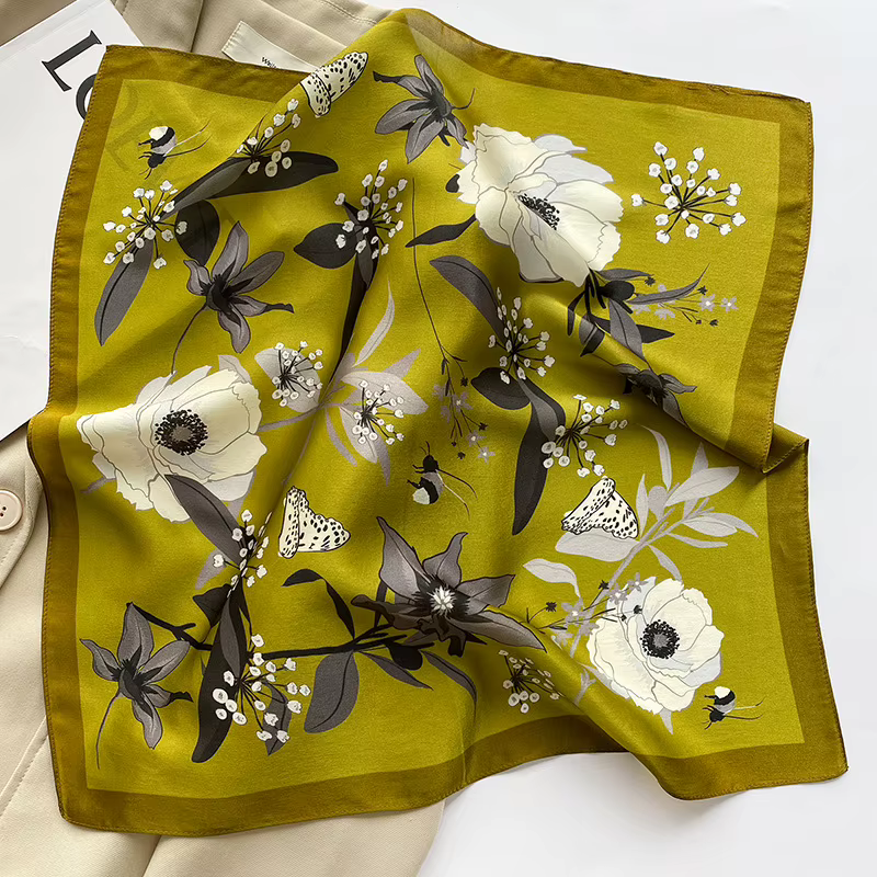 100% Pure Silk Floral Square Scarf Women Neck Hair Bandana