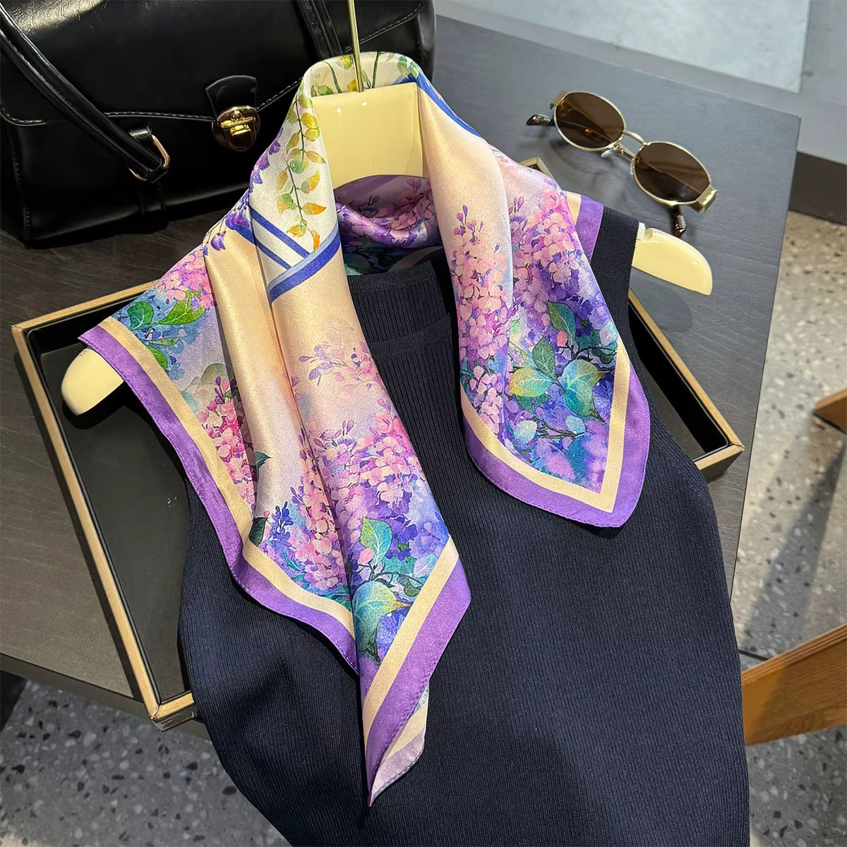 100% Pure Silk Floral Square Scarf Women Neck Hair Bandana