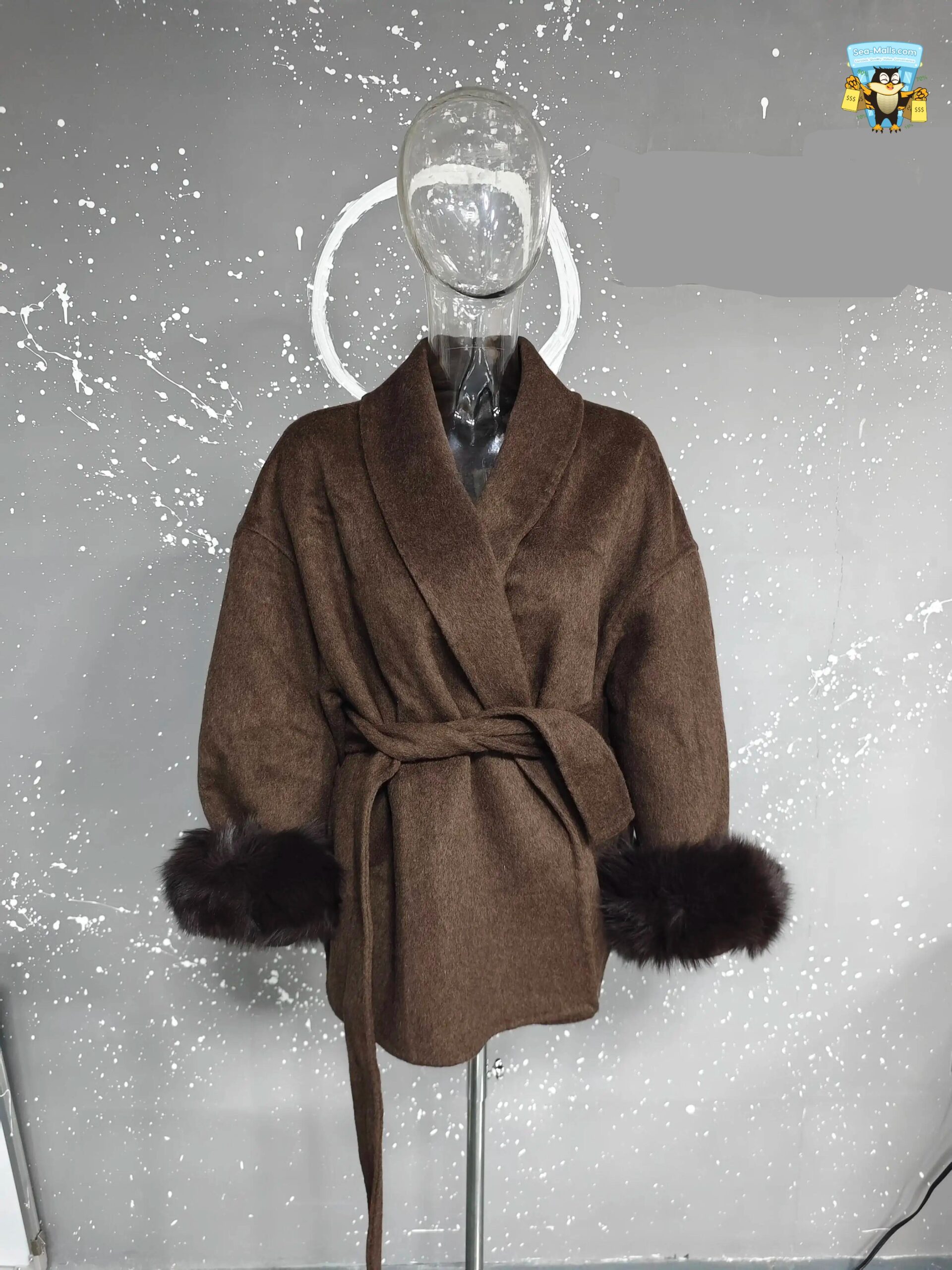 Women's Elegant Woolen Belted Coat with Fur Cuffs Long Sleeve Office Lady Overcoat