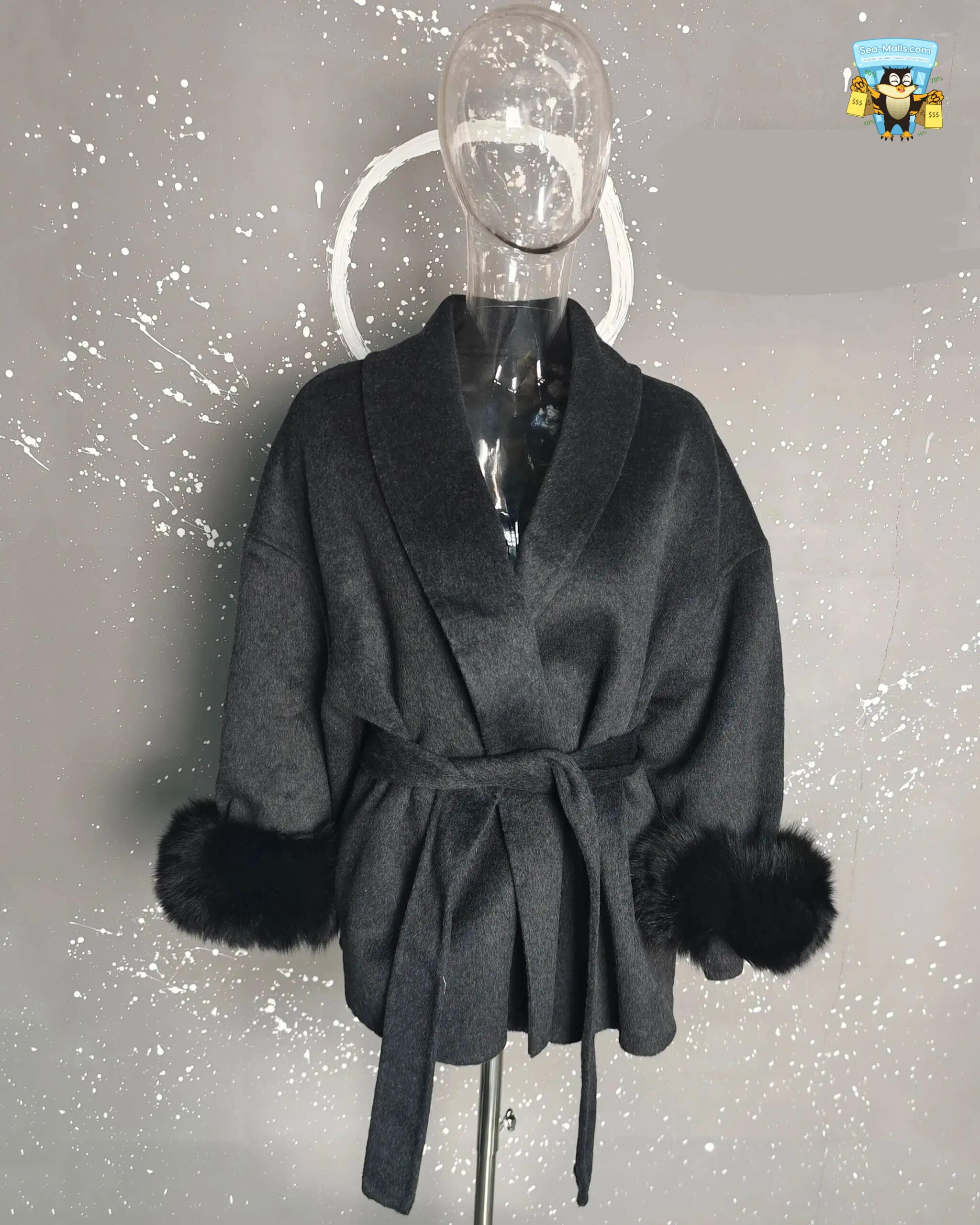 Women's Elegant Woolen Belted Coat with Fur Cuffs Long Sleeve Office Lady Overcoat