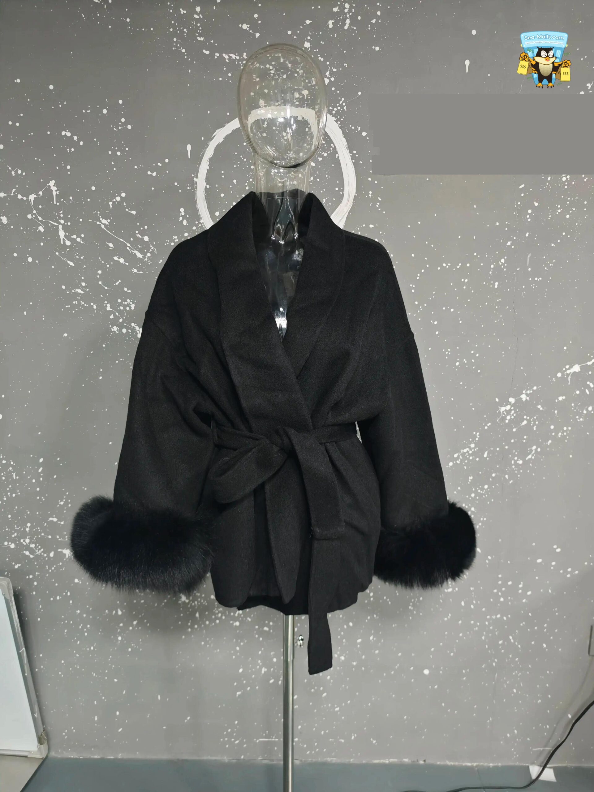 Women's Elegant Woolen Belted Coat with Fur Cuffs Long Sleeve Office Lady Overcoat