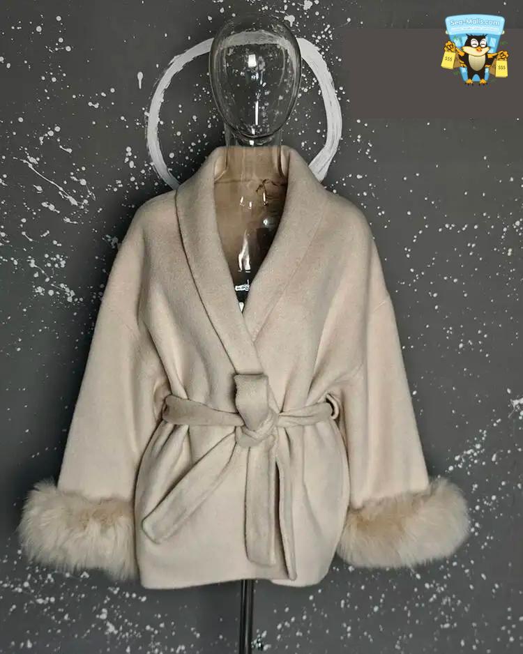 Women's Elegant Woolen Belted Coat with Fur Cuffs Long Sleeve Office Lady Overcoat