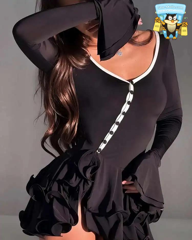 Flare Sleeve Ruffle V Neck Mini Dress