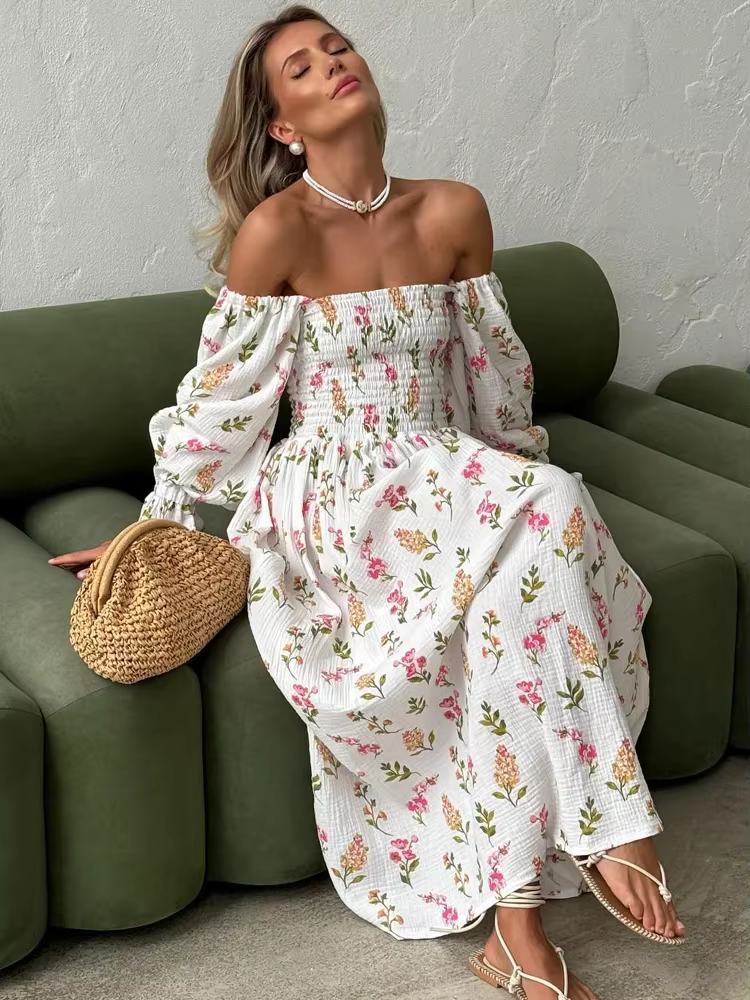 Women’s Summer Cotton Dress Elegant Ruffle Midi Floral Print with Side Slits