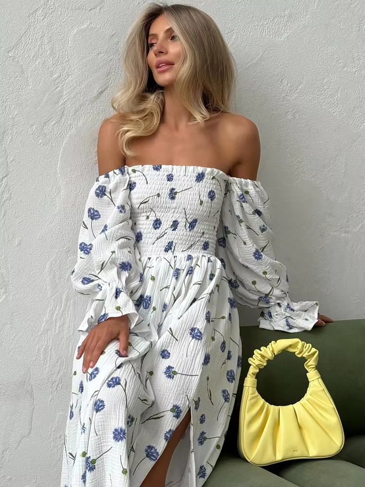Women’s Summer Cotton Dress Elegant Ruffle Midi Floral Print with Side Slits