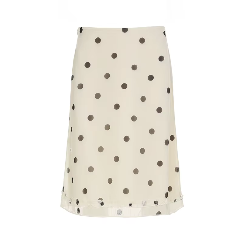 Polka Dot Beige Midi Skirt Lettuce Trim Streetwear Style