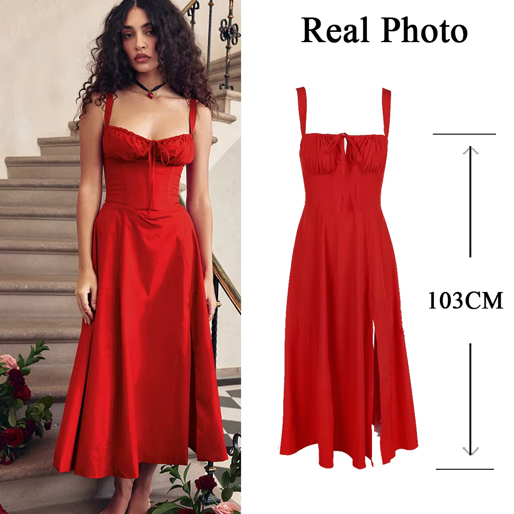 Women's Summer Floral Midi Dress with Slit and Lace Up Detail