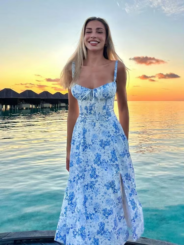 Women's Summer Floral Midi Dress with Slit and Lace Up Detail