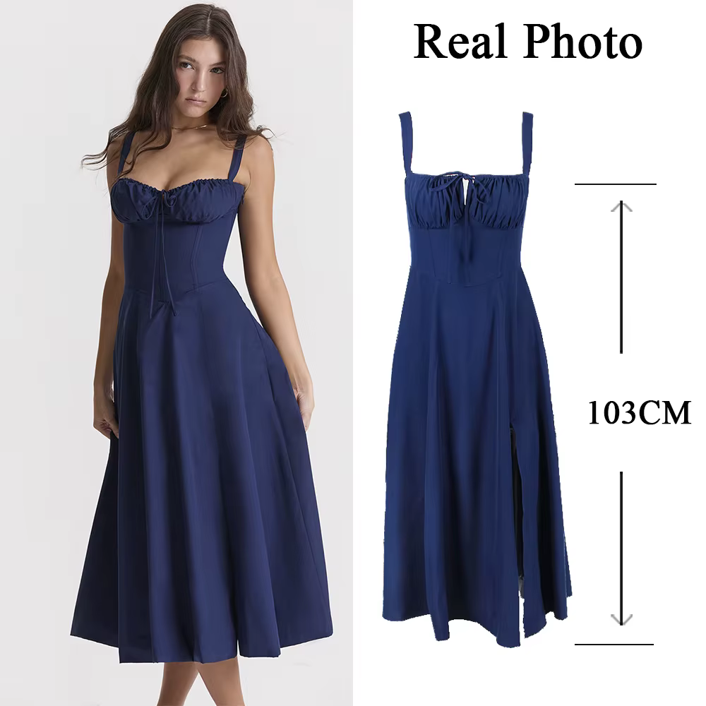 Women's Summer Floral Midi Dress with Slit and Lace Up Detail