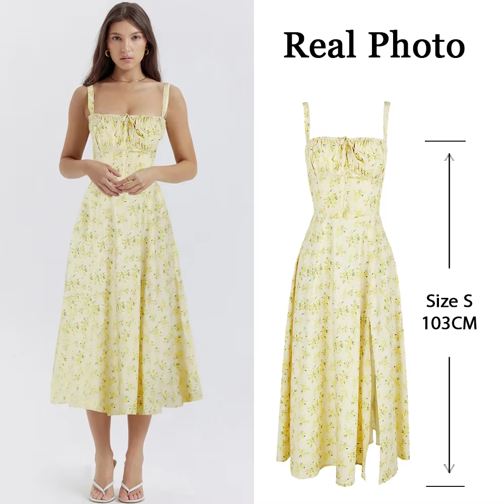 Women's Summer Floral Midi Dress with Slit and Lace Up Detail
