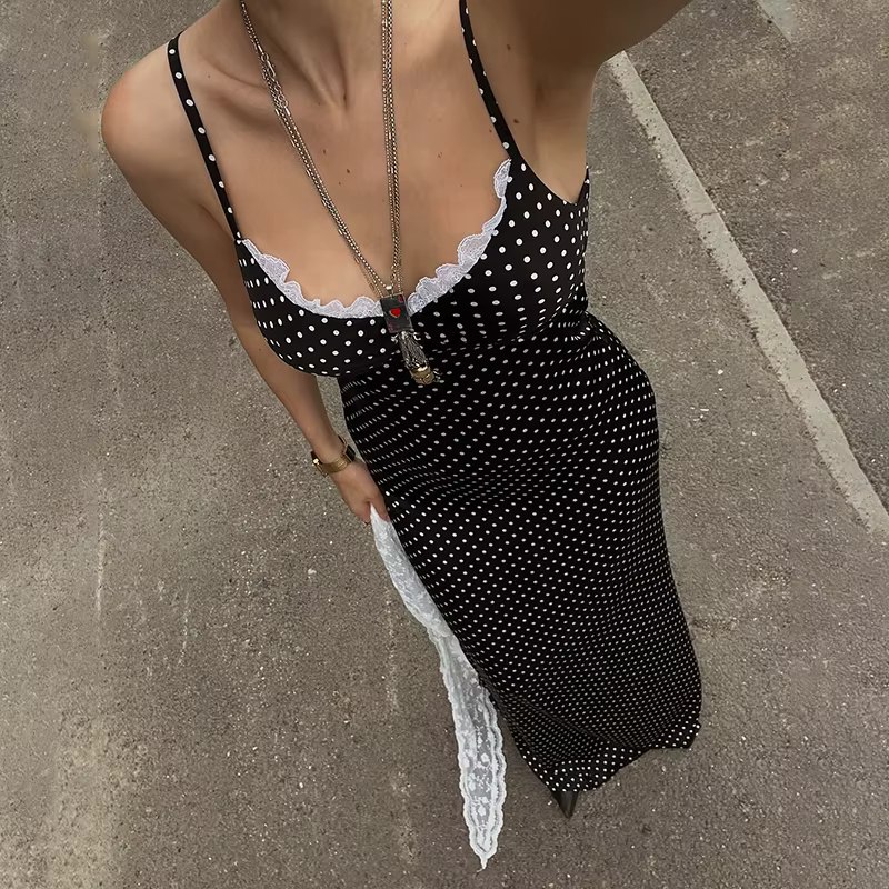 Polka Dot Lace Splice Maxi Dress – Deep V-Neck Spaghetti Strap Slim Style