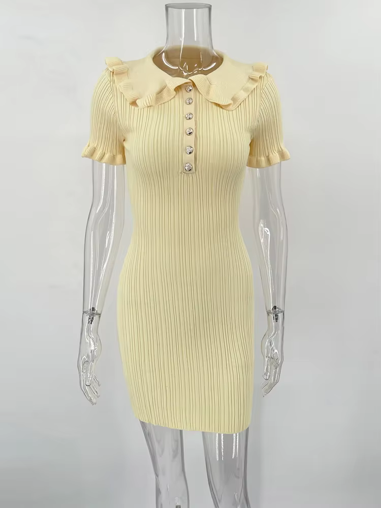 Ruffled Knitted Bodycon Mini Dress High-Waist Retro Summer Style