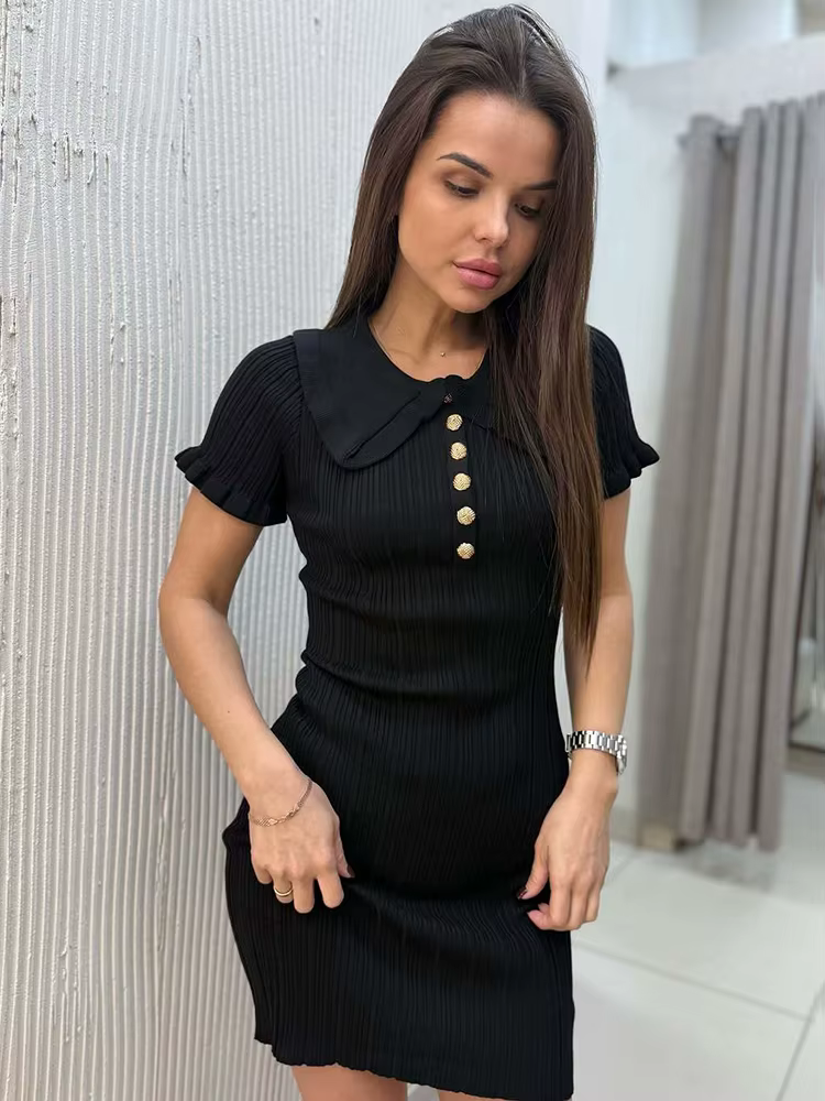Ruffled Knitted Bodycon Mini Dress High-Waist Retro Summer Style