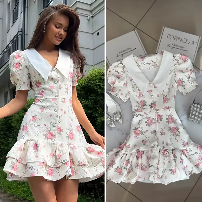 Floral Puff Sleeve Mini Dress V-Neck Ruffled Hem & Pearl Button Detail