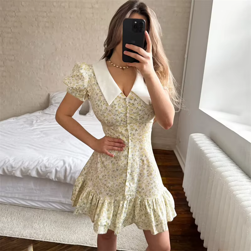 Floral Puff Sleeve Mini Dress V-Neck Ruffled Hem & Pearl Button Detail