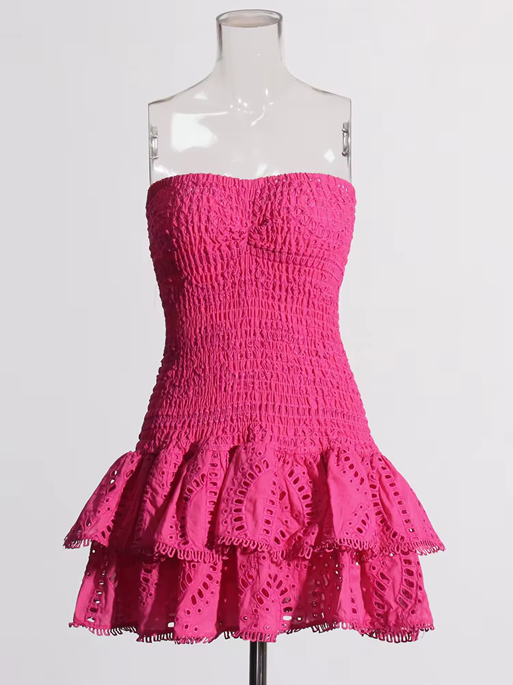 Patchwork Folds Strapless Casual Dress High-Waist Butterfly Sleeve Slim Style