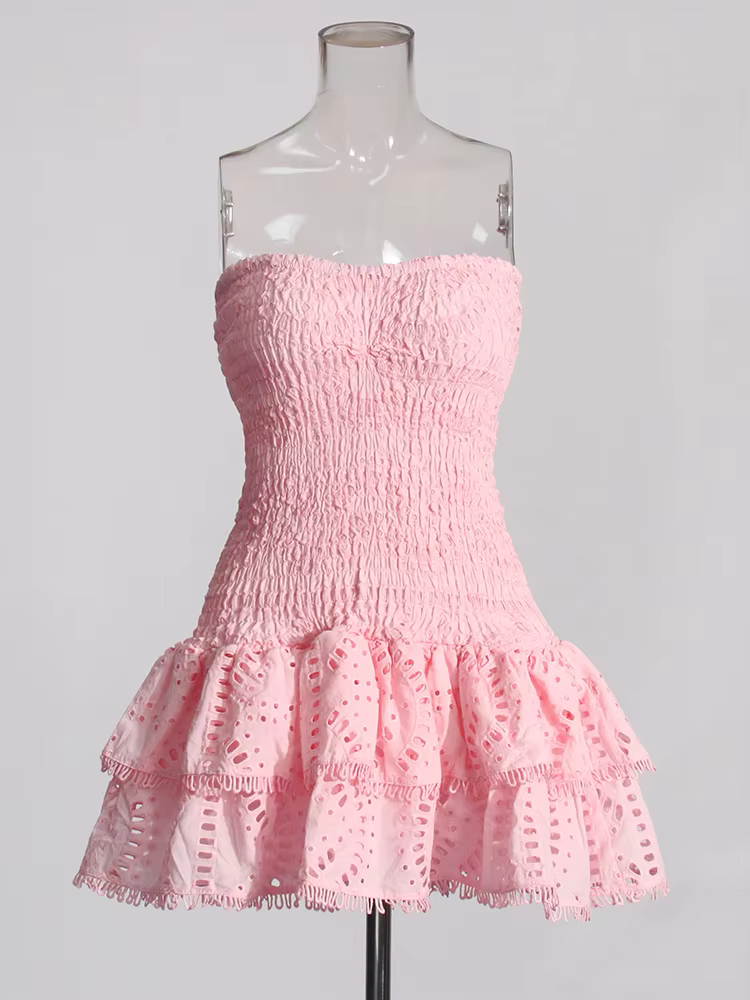 Patchwork Folds Strapless Casual Dress High-Waist Butterfly Sleeve Slim Style