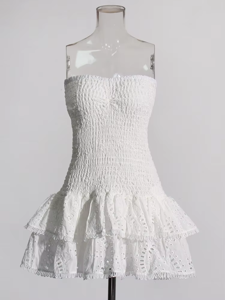 Patchwork Folds Strapless Casual Dress High-Waist Butterfly Sleeve Slim Style