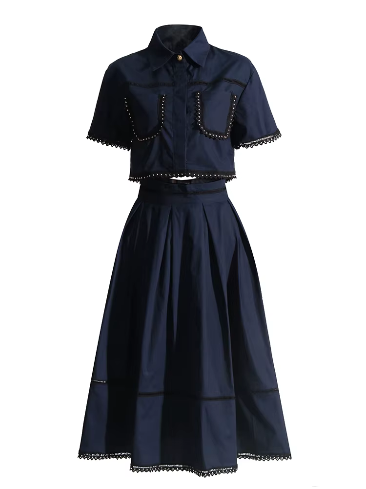 Solid Summer Two-Piece Set Lapel Crop Top & High-Waist A-Line Skirt