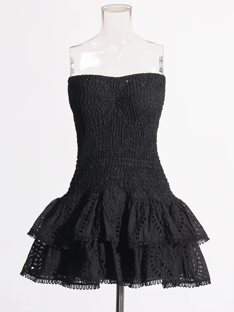 Patchwork Folds Strapless Casual Dress High-Waist Butterfly Sleeve Slim Style