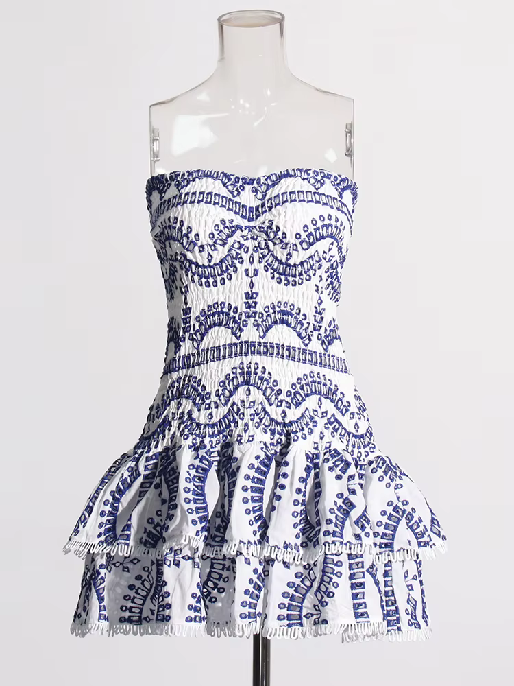 Patchwork Folds Strapless Casual Dress High-Waist Butterfly Sleeve Slim Style