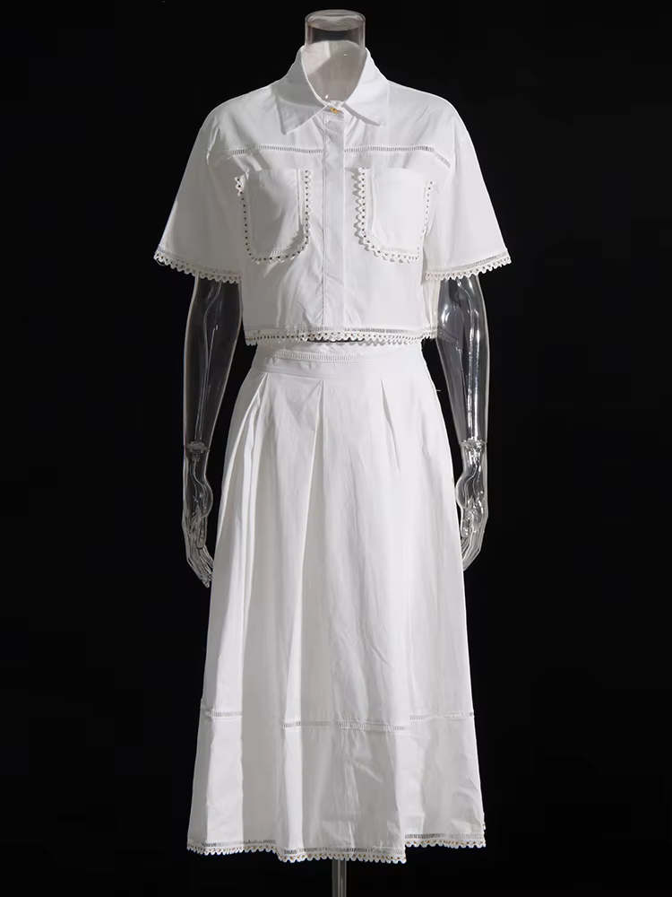 Solid Summer Two-Piece Set Lapel Crop Top & High-Waist A-Line Skirt