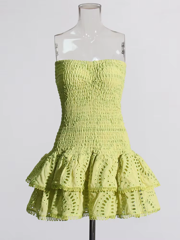 Patchwork Folds Strapless Casual Dress High-Waist Butterfly Sleeve Slim Style