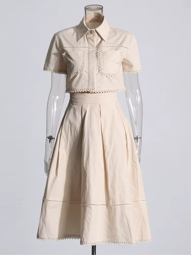 Solid Summer Two-Piece Set Lapel Crop Top & High-Waist A-Line Skirt